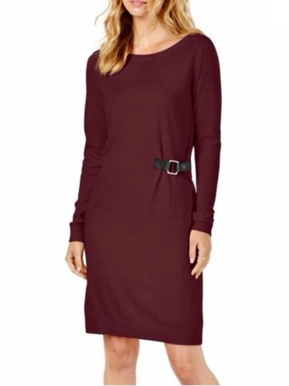 MICHAEL Michael Kors Long-Sleeve Belted Sweater Dress in Wine